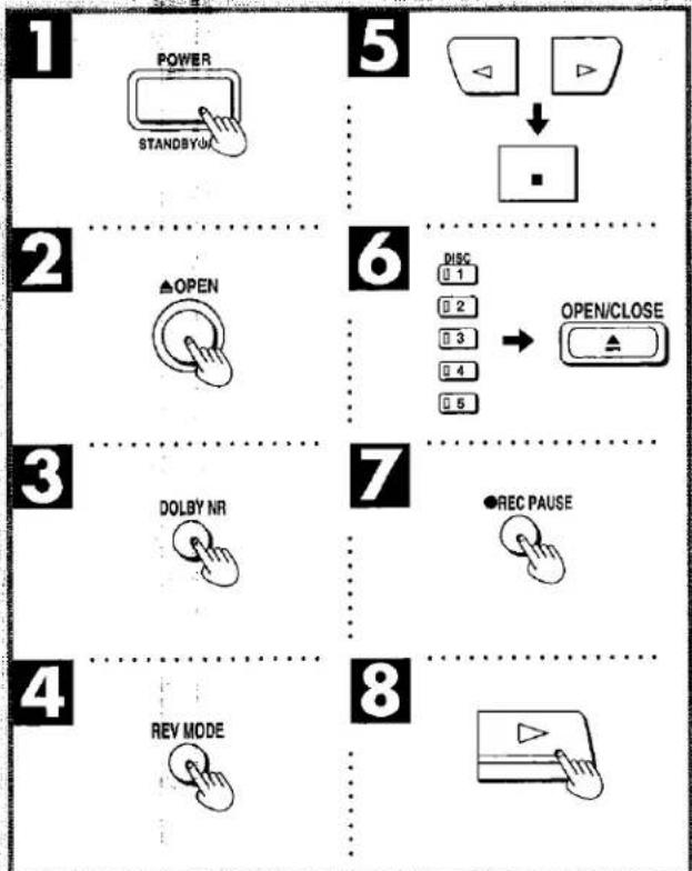 graph TD 1["POWER"] --> 2["STANDBYUM"] 5["↓"] --> 6["OPEN/CLOSE"] 2 --> 3["△OPEN"] 3 --> 7["●REC PAUSE"] 7 --> 8["REV MODE"]