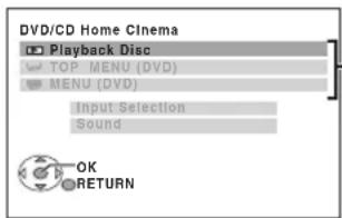 DVD/CD Kino domowe Odtwarzanie płyty TOP MENU (DVD) MENU (DVD) Wybór wejścia Dźwięk OK POWRÓT