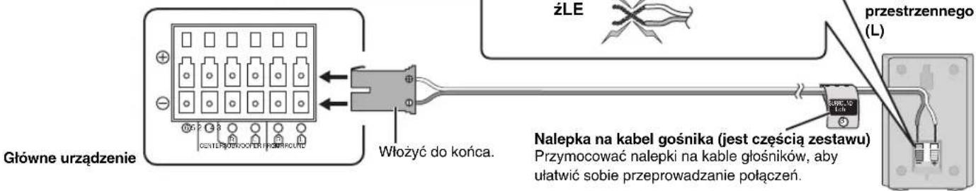 Główne urządzenie Włożyć do końca. Nalepka na kabel głośnika (jest częścią zestawu) Przymocować nalepki na kable głośników, aby ułatwić sobie przeprowadzanie połączeń. złE przestrzennego (L)