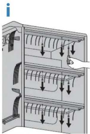 Diagram illustrating airflow or fluid flow through a multi-level container with directional arrows indicating movement or flow direction.