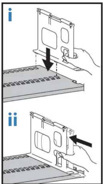 Diagram illustrating two steps of installing a device panel, labeled i and ii, with arrows indicating process direction.