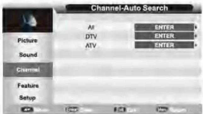 Channel-Auto Search Picture Sound Channel Feature Setup AI DTV ATV ENTER ENTER ENTER