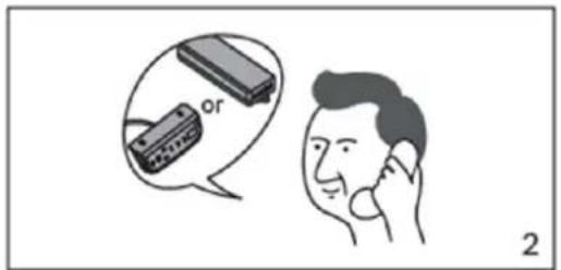 Illustration showing a person talking on the phone with an icon of a device labeled 'or' and a speech bubble containing a connector.