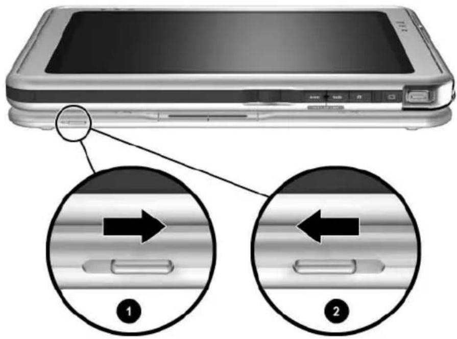 Diagram showing device status change with labeled arrows and numbered parts, likely illustrating a device state or transition.