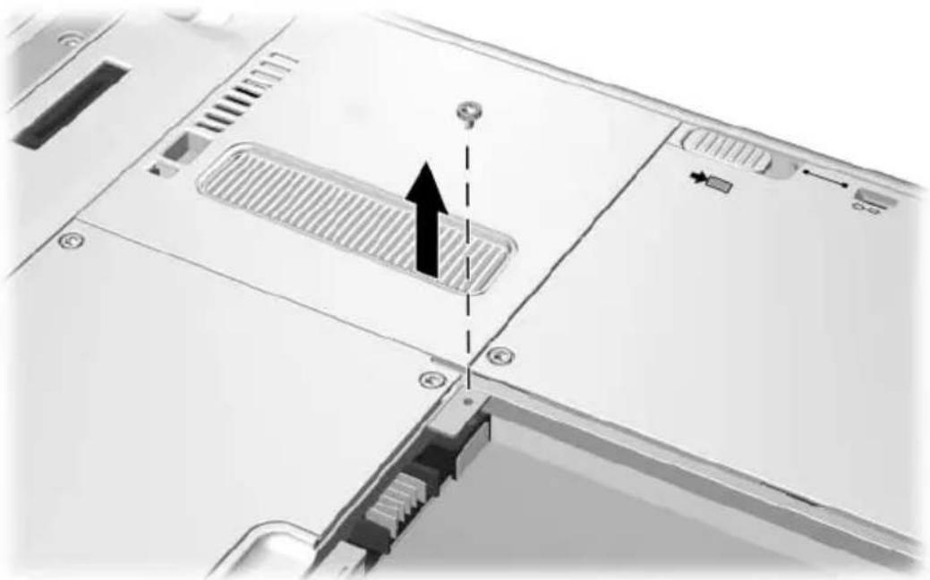 Diagram of a computer drive showing a slot and battery compartment with an upward arrow indicating motion (no text or symbols present).