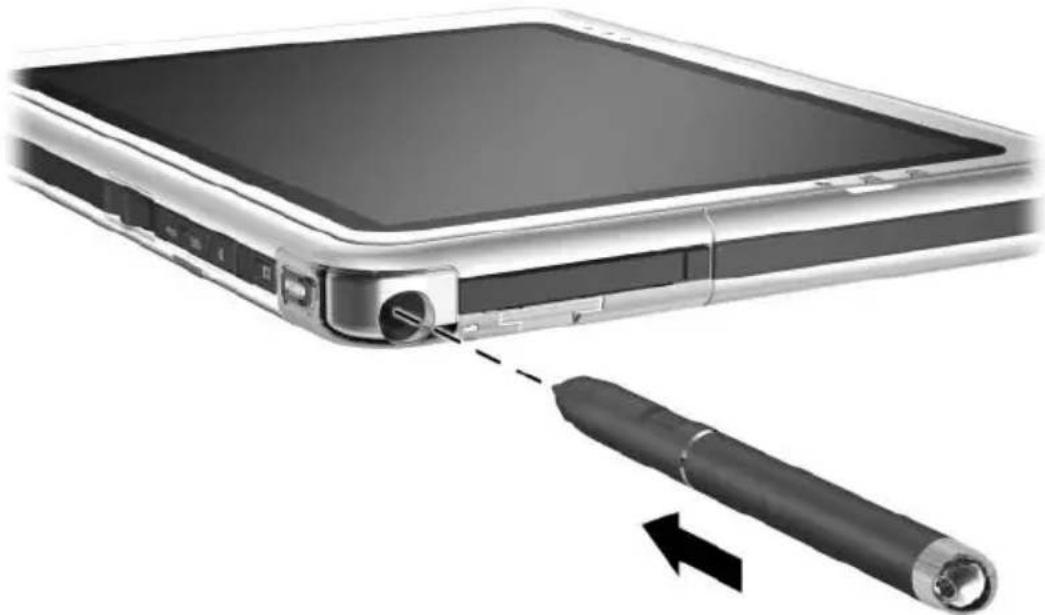 Illustration of a digital tablet device with a stylus and cable inserted, showing no text or symbols on the device itself.