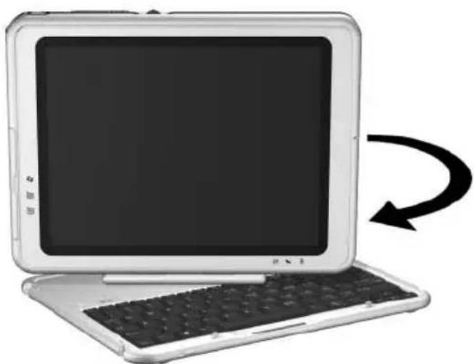 Illustration of a laptop with a keyboard and a curved arrow indicating rotation (no text or symbols).