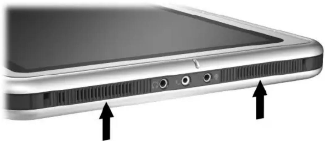 Close-up of a smartphone rear panel showing ventilation slots and ports, with two black arrows pointing to the side (no text or symbols visible).