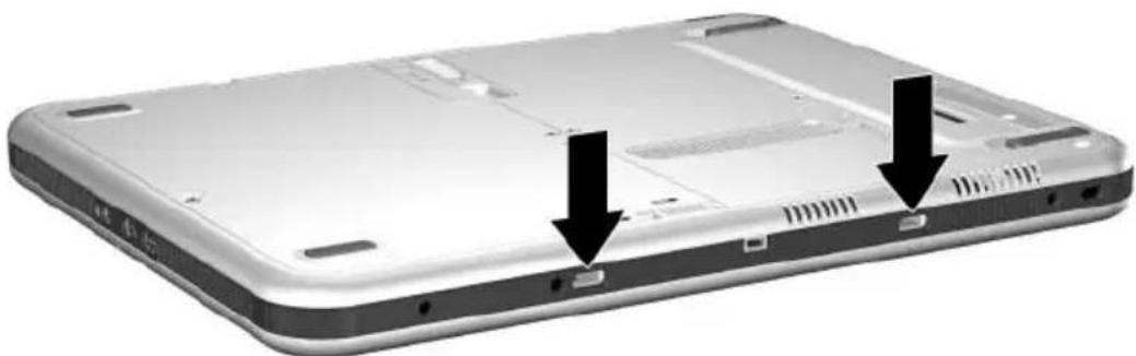 Laptop back panel with two black arrows pointing to internal components (no text or symbols visible)