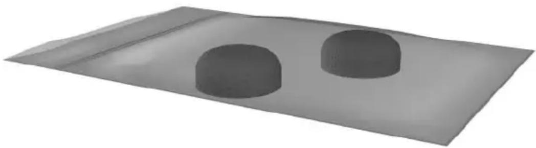 3D rendered image of two dark cylindrical objects on a flat surface (no text or symbols).
