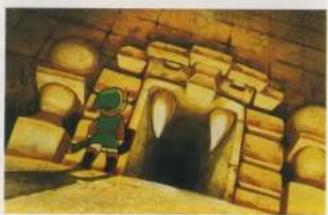 Illustration of a cartoon character standing at the entrance of a stone structure (no text or symbols visible)