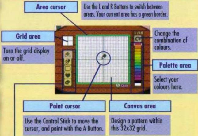 Area cursor Use the L and R Buttons to switch between areas. Your current area has a green border. Grid area Turn the grid display on or off. Change the combination of colours. Palette area Select your colours here. Paint cursor Canvas area Use the Control Stick to move the cursor, and paint with the A Button. Design a pattern within this 32x32 grid.