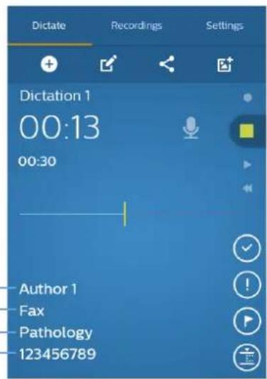 Dictate Recordings Settings Dictation 1 00:13 00:30 Author 1 Fax Pathology 123456789