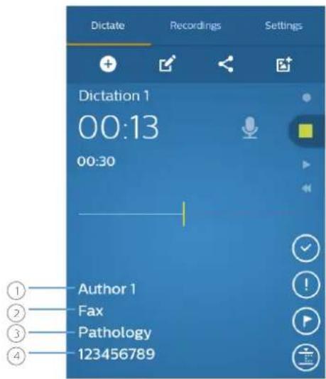 Dictate Recordings Settings Dictation 1 00:13 00:30 Author 1 Fax Pathology 123456789