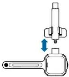 Diagram of a mechanical clamp or connector with a blue arrow indicating direction (no text or symbols present)