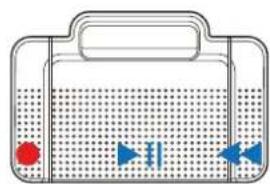 Simple line drawing of a portable electronic device with a red button and blue directional arrows (no text or symbols)