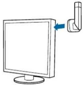 Simple line drawing of a computer monitor with a cable inserted, no text or symbols present