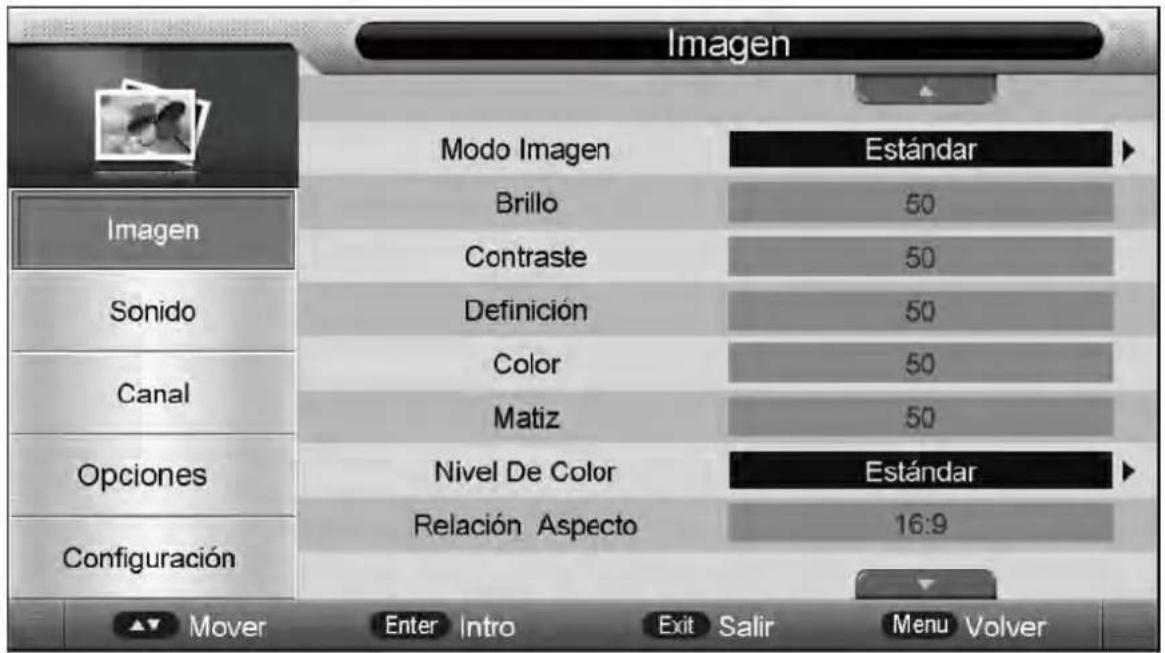 Imagen Modo Imagen Estándar Brillo 50 Contraste 50 Definición 50 Color 50 Matiz 50 Nivel De Color Estándar Relación Aspecto 16:9 Imagen Sonido Canal Opciones Configuración Mover Enter Intro Exit Salir Menu Volver