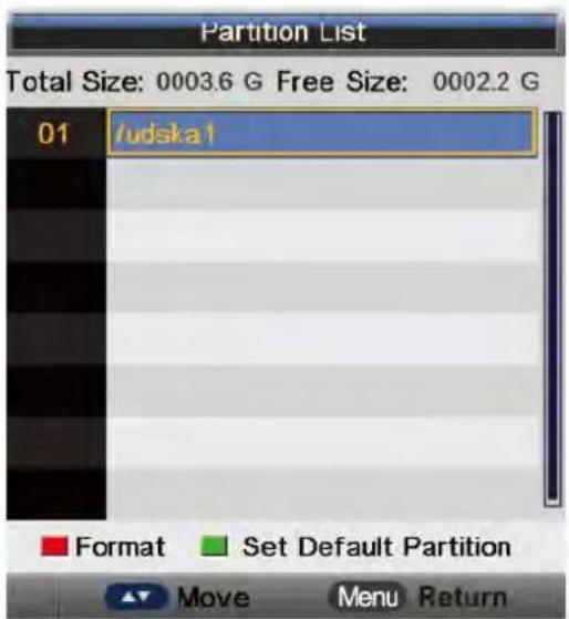 Partition List Total Size: 0003.6 G Free Size: 0002.2 G 01 /udska1 Format Set Default Partition Move Menu Return