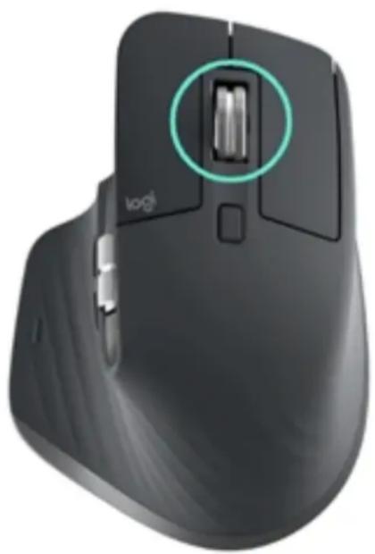Close-up of a Logitech laptop mouse with a highlighted scroll wheel (no text or symbols visible)