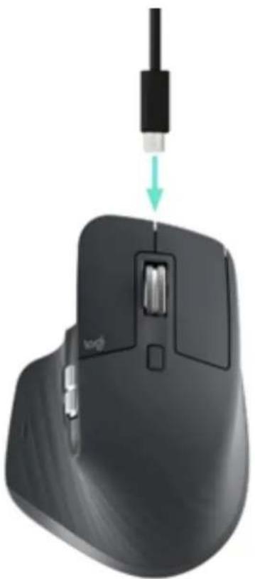 Close-up of a black Logitech mouse with a cable inserted, showing the mouse's handle and control panel (no text or symbols visible)