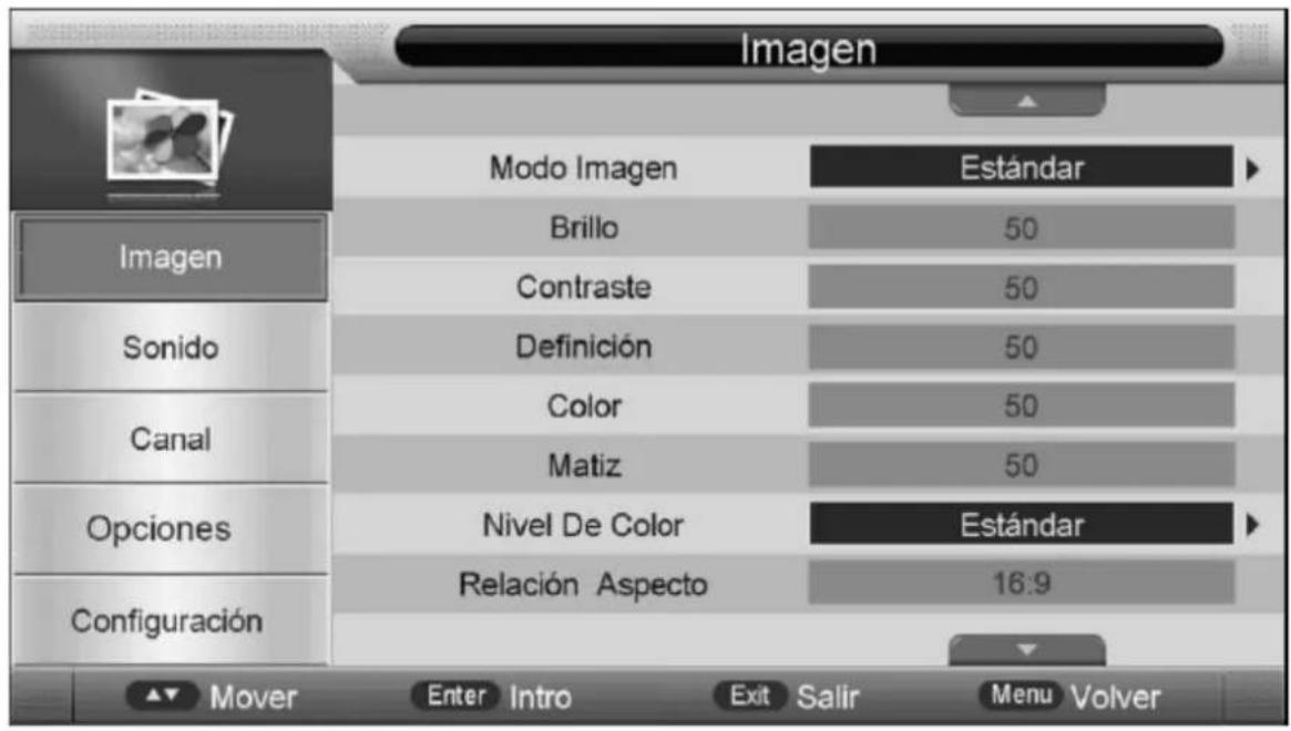 Imagen Modo Imagen Estándar Brillo 50 Contraste 50 Definición 50 Color 50 Matiz 50 Nivel De Color Estándar Relación Aspecto 16:9 Imagen Sonido Canal Opciones Configuración Mover Enter Intro Exit Salir Menu Volver