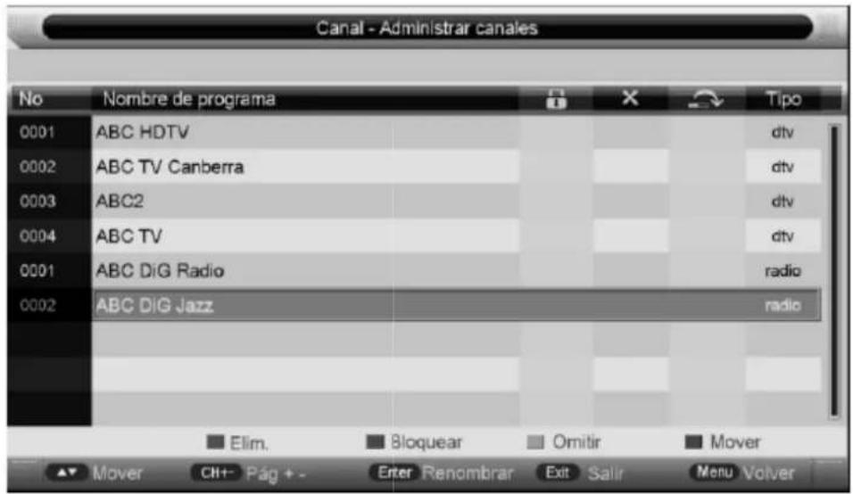 Canal - Administrar canales No Nombre de programa 0001 ABC HDTV 0002 ABC TV Canberra 0003 ABC2 0004 ABC TV 0001 ABC DiG Radio 0002 ABC DiG Jazz Tipo dtv dtv dtv dtv radio radio Elim. Bloquear Omitir Mover Mover CH+ Pág + - Enter Renombrar Exit Salir Menu Volver