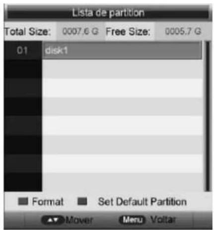 Lista de partition Total Size: 0007.6 G Free Size: 0005.7 G 01 disk1 Format Set Default Partition Mover Menu Voltar