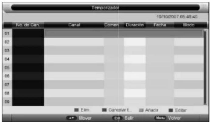 Temporizador 10/10/2007 05:46:40 No. de Can: Canal Comen Duración Fecha Modo 01 02 03 04 05 06 07 08 09 Elim Cancelart... Anador Editer Mover Edit Saller Menu Volver