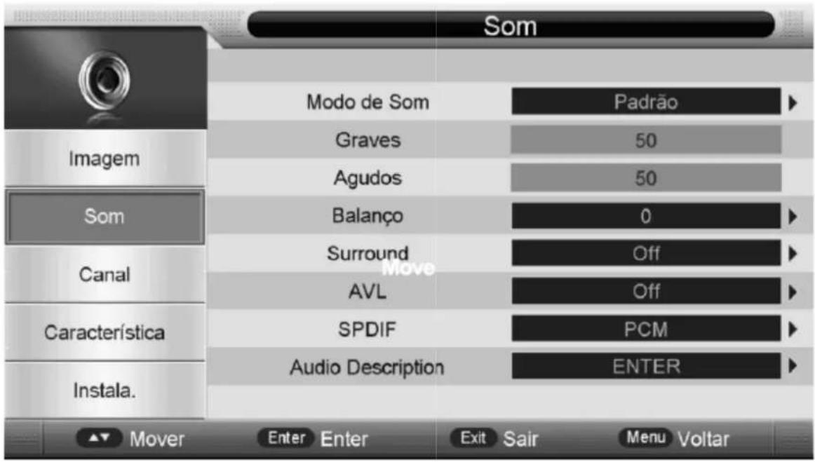 SOM Imagem Som Canal Característica Instala. Modo de Som Padrão Graves 50 Agudos 50 Balanço 0 Surround Off AVL Off SPDIF PCM Audio Description ENTER Mover Enter Enter Exit Sair Menu Voltar