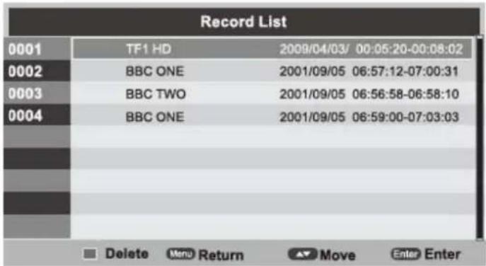 Record List 0001 TF1 HD 2009/04/03/ 00:05:20-00:08:02 0002 BBC ONE 2001/09/05 06:57:12-07:00:31 0003 BBC TWO 2001/09/05 06:56:58-06:58:10 0004 BBC ONE 2001/09/05 06:59:00-07:03:03 Delete Menu Return Move Enter Enter