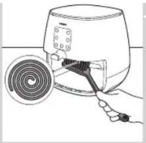 Line drawing of a hand using a spiral-shaped tool to clean or operate a mounted air fryer (no text or symbols present)
