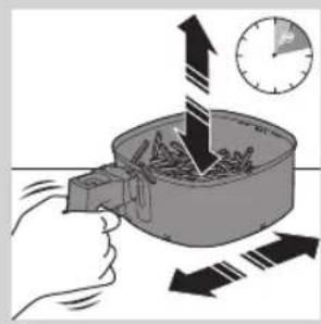 Diagram illustrating a process with arrows indicating movement, including a clock and a container with particles or debris.
