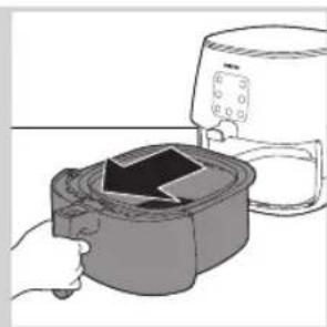 Illustration of a hand using a food microwave to clean a black object, with a toaster nearby (no text or symbols)