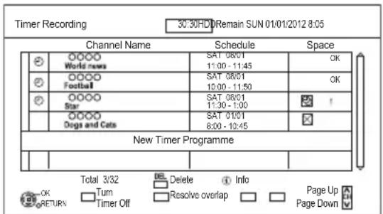 Timer Recording 30:30HD Remain SUN 01/01/2012 8:05 Channel Name Schedule Space World news SAT 08/01 OK Football SAT 08/01 OK Star SAT 08/01 ! Dogs and Cats SAT 01/01 8:00 - 10:45 New Timer Programme Total 3/32 Delete Info Page Up OK Turn Resolve overlap Page Down RETURN Timer Off