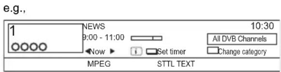 e.g., NEWS 9:00 - 11:00 Now ▶ Set timer 10:30 All DVB Channels Change category MPEG STTL TEXT