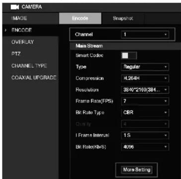 CAMERA IMAGE ENCODE OVERLAY PT2 CHANNEL TYPE COAXIAL UPGRADE Encode Snapshot Channel 1 Main Stream Smart Codec Type Regular Compression H.264H Resolution 3840*2160/384... Frame Rate(FPS) 7 Bit Rate Type CBR Quality 4 I Frame Interval 1 S Bit Rate(Kbps) 4096 More Setting