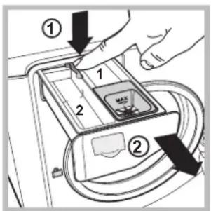 Diagram showing a hand inserting a device into a container with labeled parts and arrows indicating direction of movement.