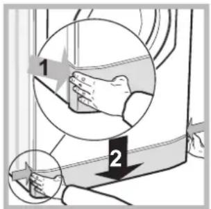 Diagram showing two steps of a hand holding a small object, labeled 1 and 2, with magnified views highlighting the process.