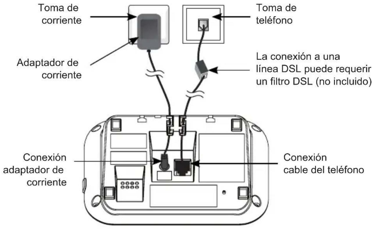 Toma de corriente Adaptador de corriente Toma de teléfono La conexión a una línea DSL puede requerir un filtro DSL (no incluido) Conexión adaptador de corriente Conexión cable del teléfono