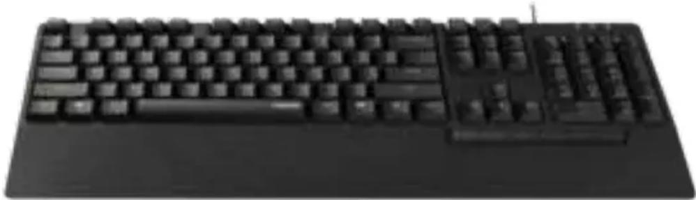 Black desktop computer keyboard with standard keys and a scroll wheel (no visible text or labels)