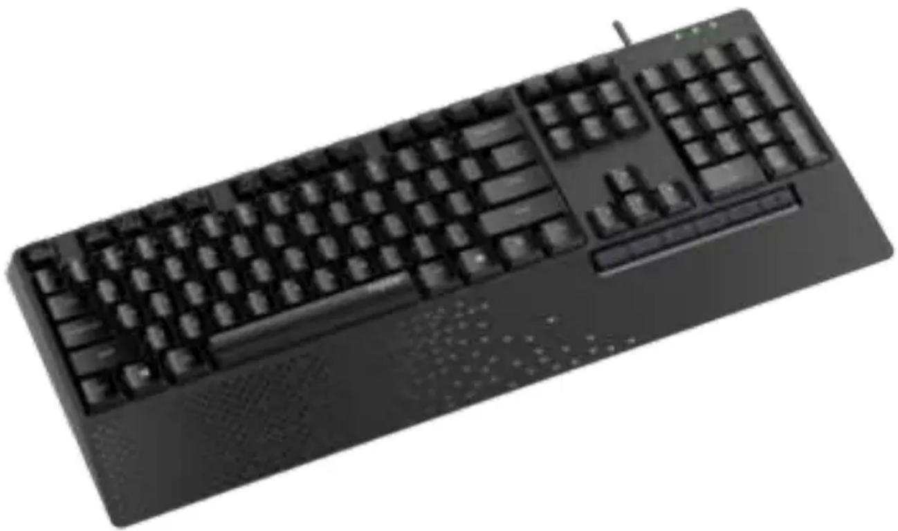 Black desktop computer keyboard with standard keys and a mouse (no visible text or labels)