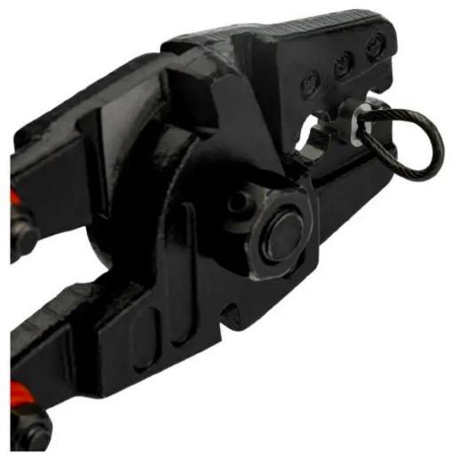 Close-up of a black mechanical clamp or crimping tool with attached spring and hook (no visible text or symbols)