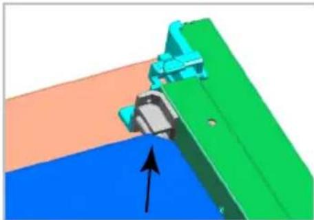 3D mechanical assembly diagram showing colored components with an arrow indicating direction (no text or symbols)
