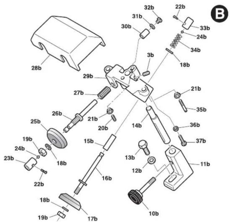Exploded view diagram of a mechanical assembly with numbered parts and exploded view