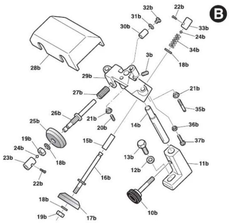 Exploded view diagram of a mechanical assembly with labeled parts in millibels (b)