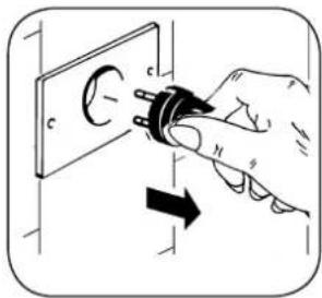 Diagram showing a hand inserting a plug into a wall socket with labeled components and an arrow indicating direction.