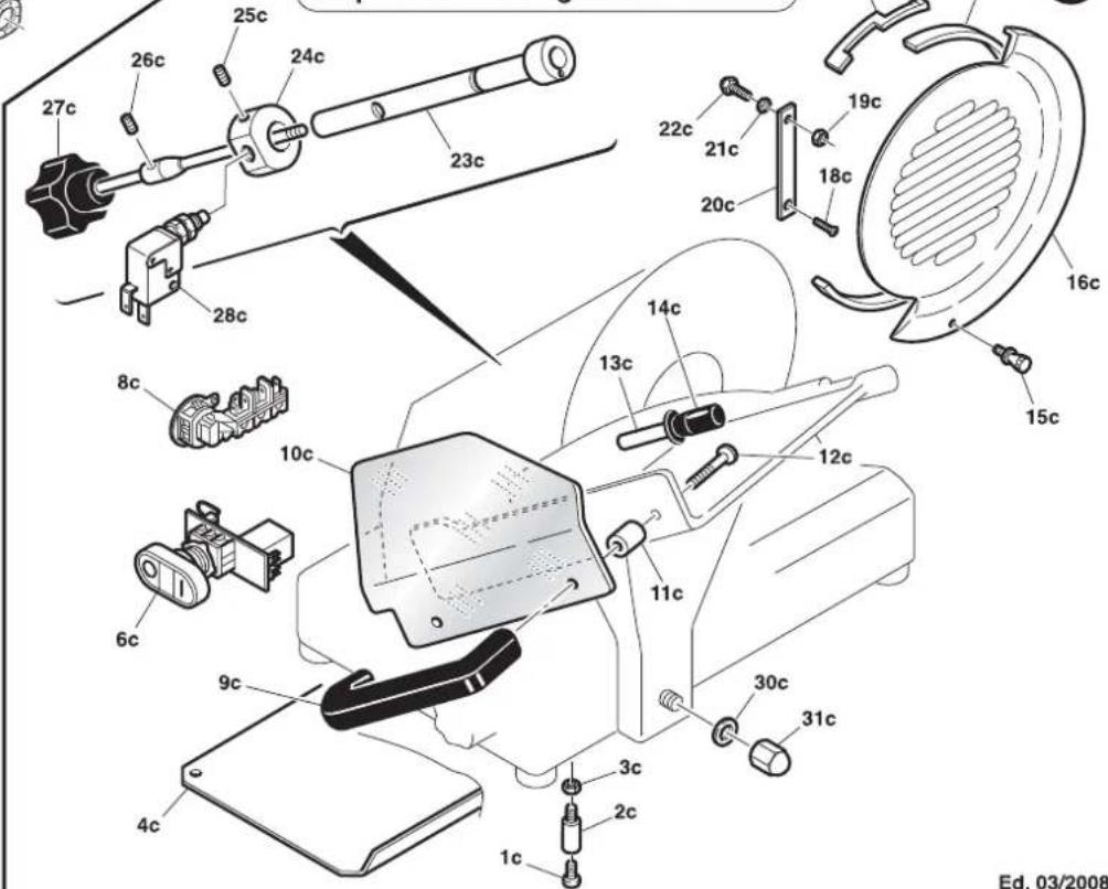 Exploded view diagram of a mechanical device with numbered parts, likely an electric motor or fan assembly.