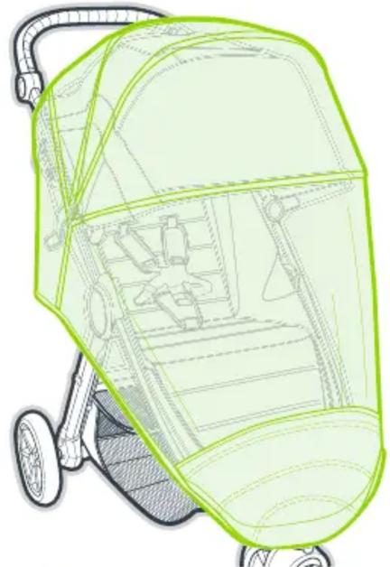 Technical line drawing of a baby stroller with internal compartments and wheels (no text or symbols)