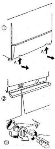 Technical diagram showing three-step installation of a door panel with labeled components and directional arrows indicating motion.